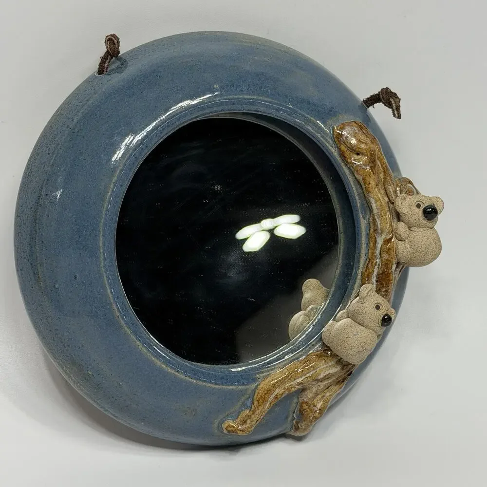 Small Studio Pottery Decorative Mirror 3D Sculpted Koalas on Branch Blue 7